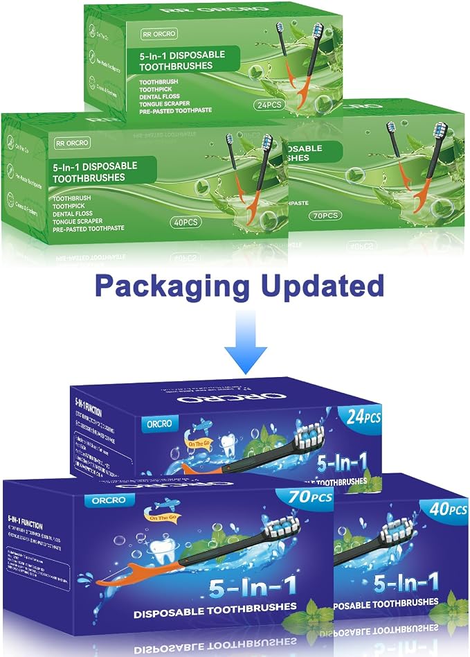 70Pack Disposable Toothbrushes with Toothpaste Pick Floss & Tongue Scraper | 5-in-1 Mini Prepasted Travel Toothbrush for Hotel Camping Flight Car Single Use Portable Individually Wrapped | Mint
