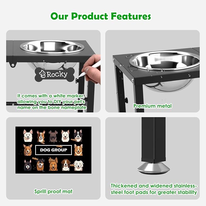 SHAINFUN Elevated Dog Bowls with Mat for Large & Extra Large Dogs, Raised Dog Bowl Stand with Two 101oz Stainless Steel Bowls, Tall Dogs Food Water Bowl Holder