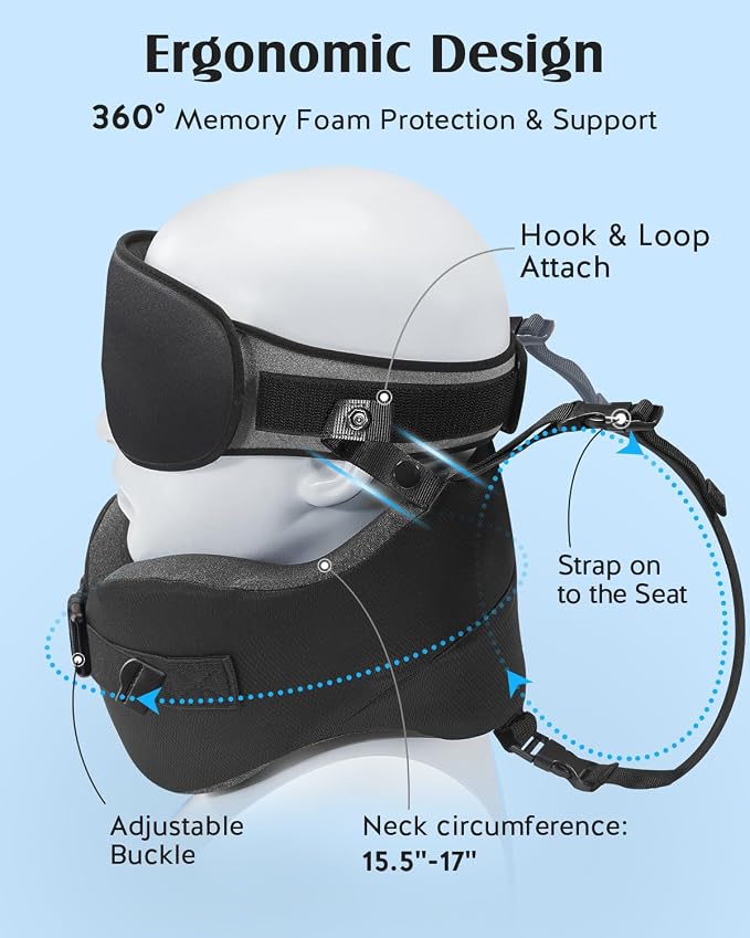YFONG Travel Pillow for Long Flight Airplane, Head Strap Combo with 3D Contoured Sleep Eye Mask, Neck Pillow for Travel Essential, 360° Support Memory Foam Headrest, Prevent Bobbing, Drawstrap - Black