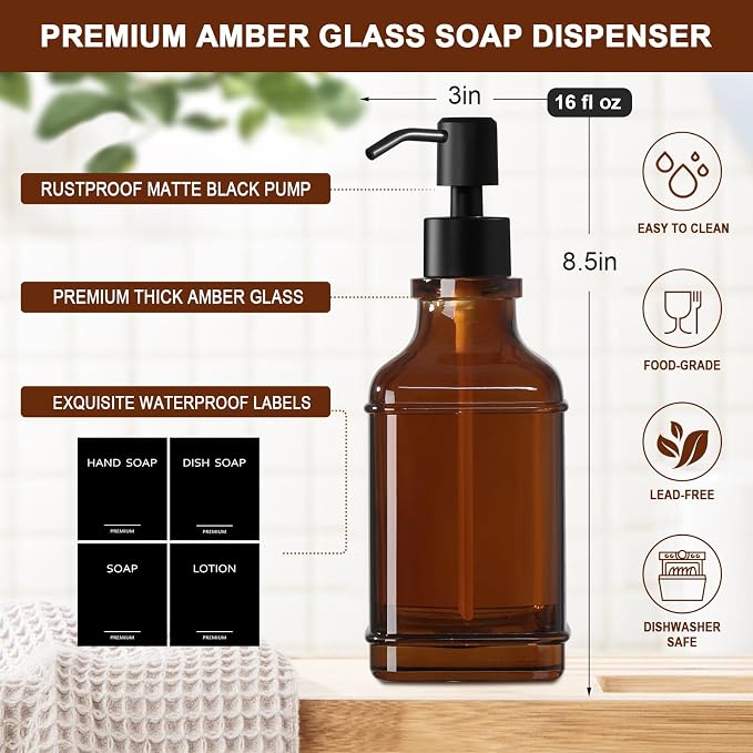 Modern Kitchen Soap Dispenser Set with Wood Tray, Amber Glass Soap Dispensers with Pump, Decorative Hand and Dish Soap Dispenser Set, Soap and Lotion Dispenser Upgrade for Kitchen and Bathroom Decor