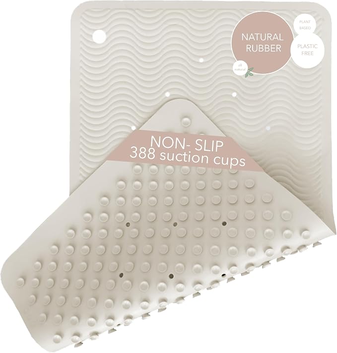 HEVEA Natural Rubber Wave Bath Mat – Long 28 × 16 in - Non-Slip Shower & Bathtub Mat with 388 Suction Cups, Plastic-Free & Biodegradable (Marble)