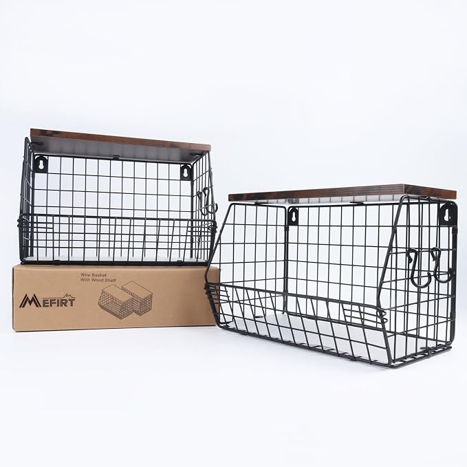 Mefirt 2pcs Fruit Basket Kitchen Storage Basket with Wood Lid, Stackable Wall Basket Fruit Basket for Kitchen, Countertop Organizer for Snack, Fruit and Veggie Storage, 11.8 x 7.9 x 8.5 Inch