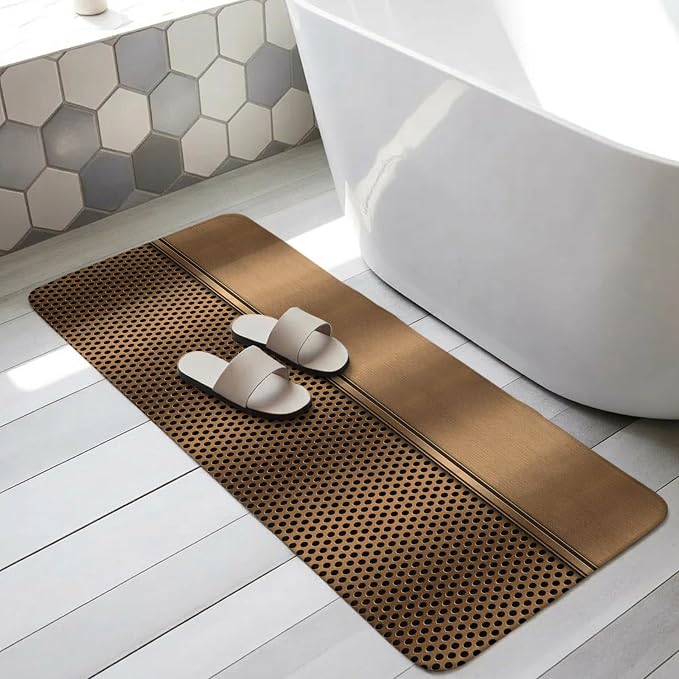 Brown Metal Hole Bathroom Runner Rugs Non Slip Washable Absorbent Narrow Long Bath Mat Modern Copper Net Eye Hole Pattern Runner Rugs for Kitchen Hallway Bedroom Laundry Study Room 19.7"x63"