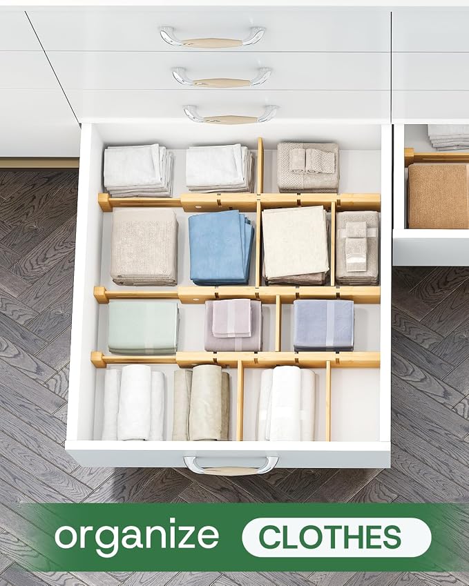kiplant Bamboo Drawer Dividers - Adjustable Drawer Dividers for Kitchen, Clothes, Closet & Office - 8 Pack with Inserts, 13.8-18.8 Inches, Non-Slip Silicone Ends