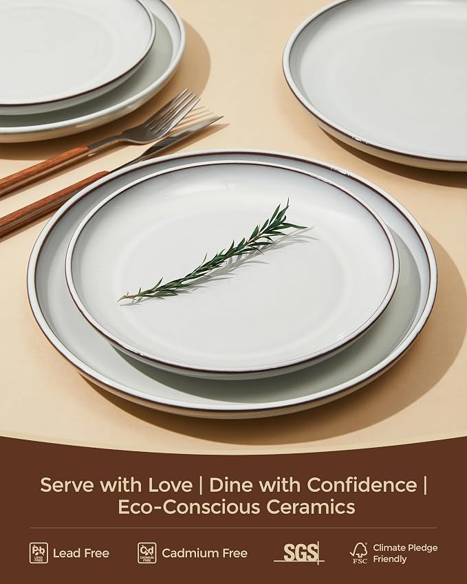 Pokini Santorini Mist Terracotta Reactive Glaze Plates and Bowls Sets, Stoneware Dinnerware Sets, Microwave and Dishwasher Safe Ceramic Dish Set Service for 4, Moonstone White