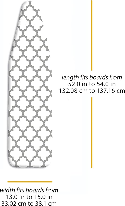 Whitmor Deluxe Ironing Board Cover with 6mm Fiber Pad, Fits 15 x 54 In | 88gsm cover, 6mm fiber pad, 190T elastic fit, scorch-resistant finish, medallion gray pattern.