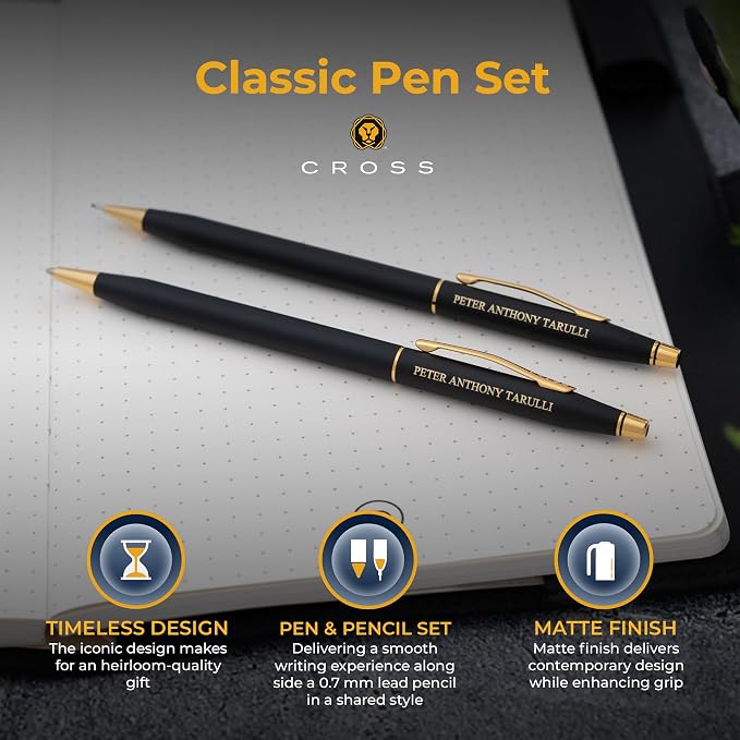 Cross Classic Century Engraved Ballpoint Pen and 0.7mm Pencil Set, Matte Black with 23k Gold Trim, Personalized Gift for Graduation, Retirement, Career Advancement, Gift Box Included