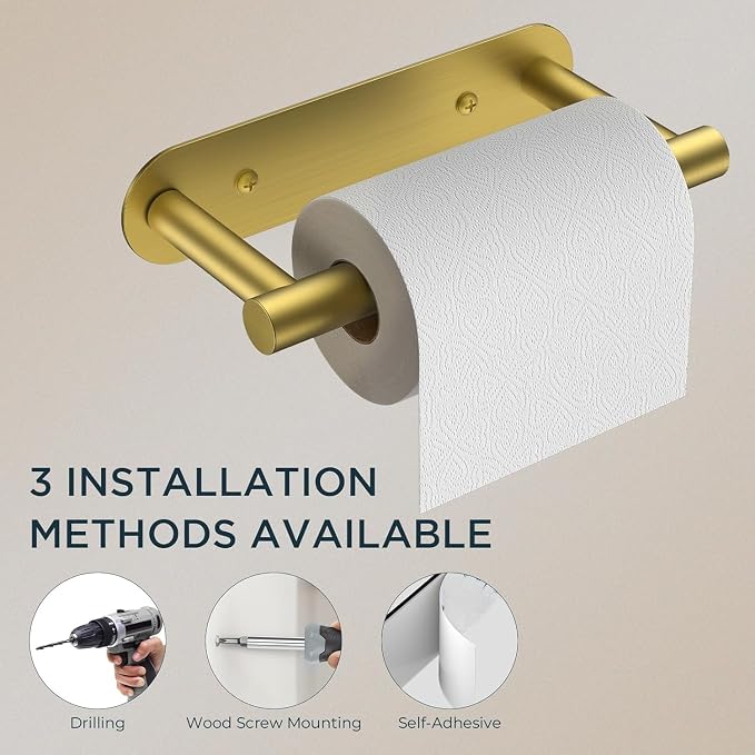 FORIOUS Toilet Paper Holder, Adhesive or Screw Wall Mount Pivoting Tissue Roll Holder for Bathroom, Stainless Steel Rustproof Self Adhesive Toilet Paper Roll Dispenser no Drilling, Brushed Gold