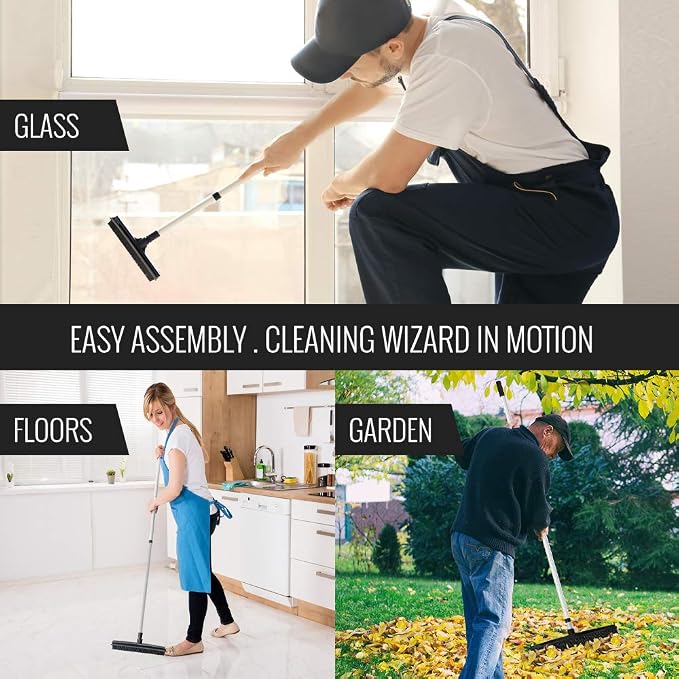 Rubber Bristle Broom and Rubber Squeegee Snap on Dustpan Set with Portable Push Broom Rug Squeegee and Extendable Telescoping Handle for Pet Hair Removal Home Office Fabric Carpet Floor Desk Black