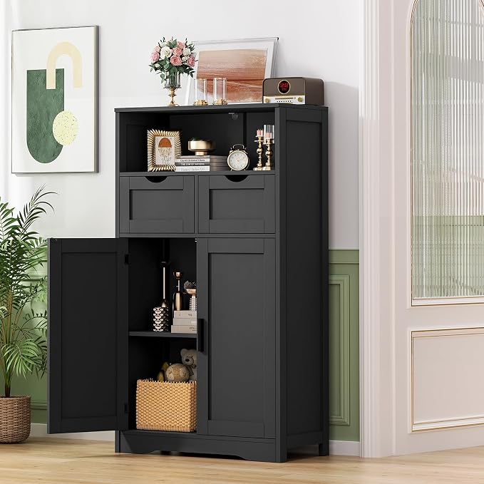 Iwell Storage Cabinet with Doors & Shelves, Kitchen Pantry Cabinet, Bathroom Cabinets for Living Room, Kitchen, Laundry, Black