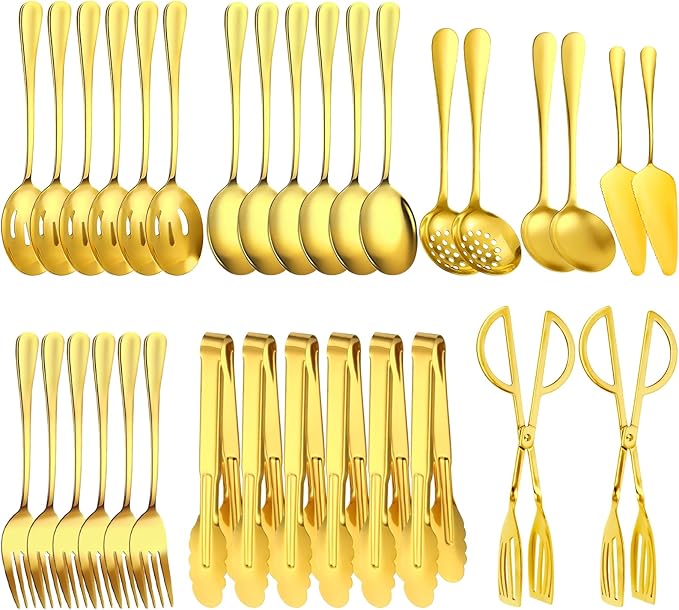 32 Piece Stainless Steel Serving Utensils Set - Complete Buffet Serving Spoons, Tongs, Ladles, Spatulas for BBQ, Parties, Weddings, Catering and Events (Gold)