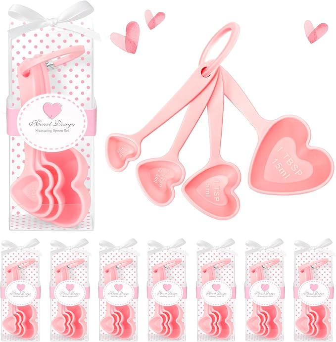 50 Set Heart Measuring Spoons: Wedding Bridal Shower Bulk Party Favors | Plastic heart measuring spoons with boxes and cards. Practical souvenirs for wedding guests and bridal shower.