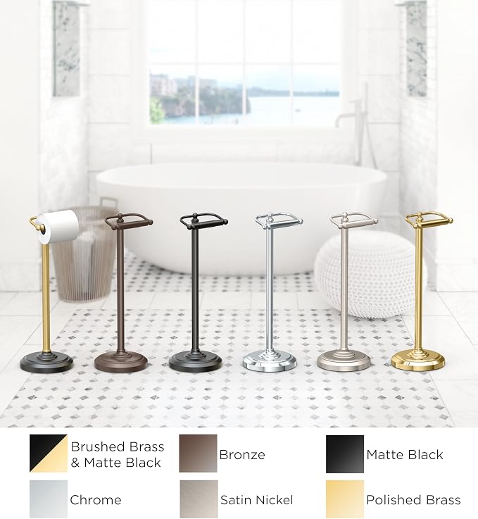 Gatco 1436MXB, Freestanding Toilet Paper Holder, 22” H, Matte Black Polished Brass/Floor Standing Weighted Base Toilet Paper Holder Stand