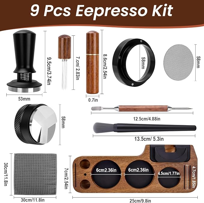 9-in-1 Espresso Tool Set: 58mm Tamper, WDT Tool, Distributor, Magnetic Funnel, Puck Screen, Brush, Cleaning Cloth, Latte Art Needle & Wooden Stand for Breville De'Longhi