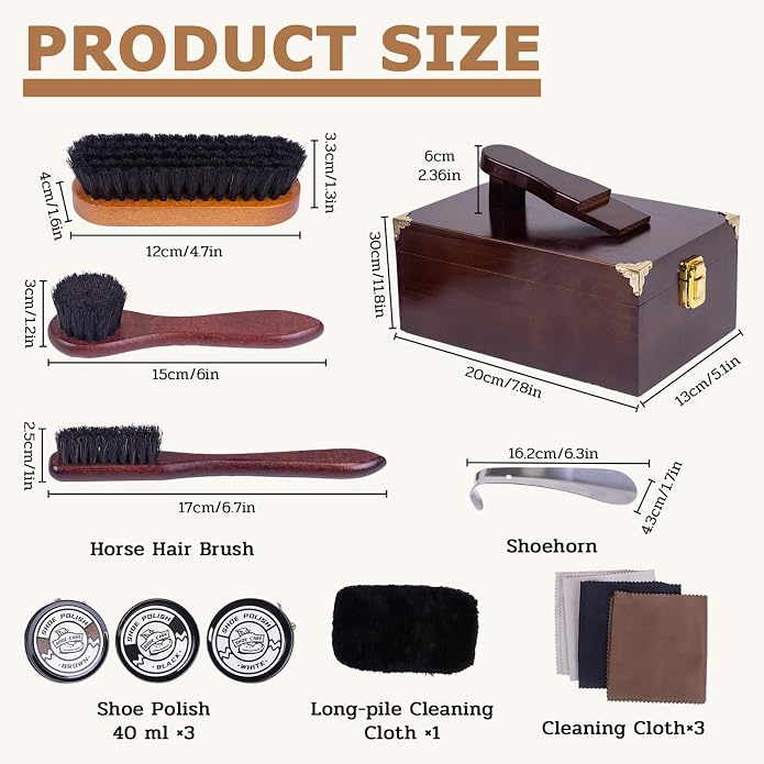 10 Pcs Deluxe Shoe Shine Box Set & Shoe Care Polish Kit with Foot Rest, Wooden Care Tools Storage Box Perfect for Multi- Leather Shoes