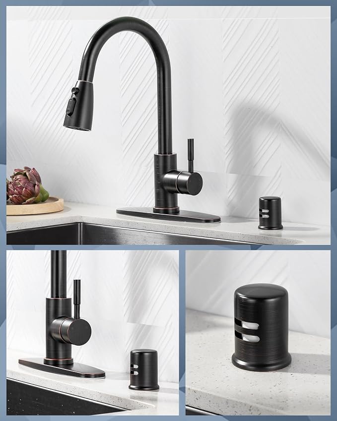 Kitchen Faucet with Air Gap: WOWOW Stainless Steel Kitchen Sink Faucet and Dishwasher Air Gap Kits for Kitchen Sink 2 or 4 Hole, Oil Rubbed Bronze Kitchen Faucet Combo with Sprayer