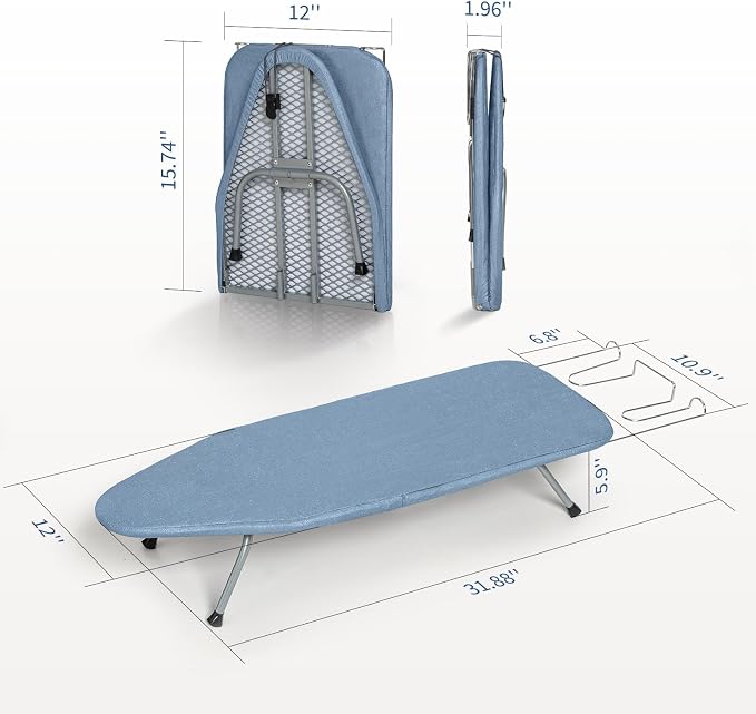 Small Ironing Board Tabletop 31"x12" Blue | BlissBoard Mini Folding Portable Iron Board with Cover, Pad & Non-Slip Feet, Compact Table for Travel