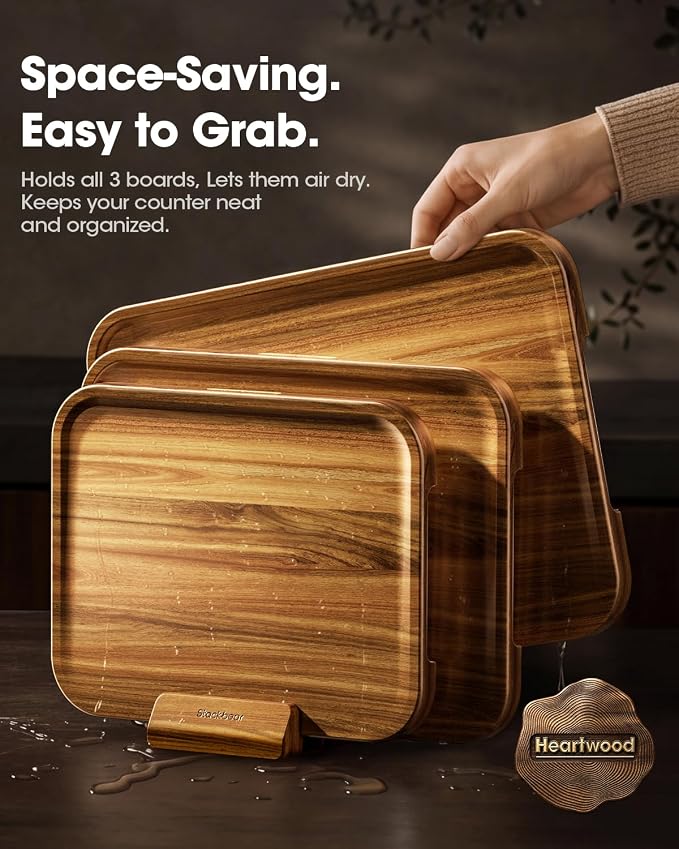 Starkbear Acacia Wood Cutting Board Set of 3 with Stand, Core-Cut Non Slip Wooden Chopping Block, Sloped Juice Groove Reversible Charcuterie Serving Tray for Modern Kitchen Gift