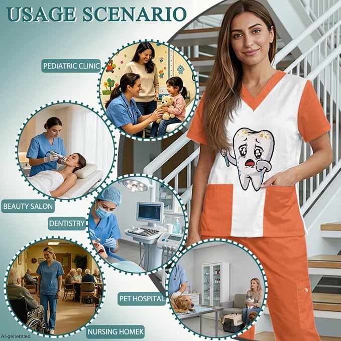Gomyblomy Women's Scrubs Suit 3-Piece Set | Teeth Print V-Neck Top & Pants & Cap, Breathable and Stretch Fabric, S-5XL