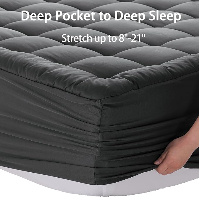 EASELAND California King Mattress Pad Pillow Top Mattress Cover Quilted Fitted Mattress Protector Long Cotton Top 8-21" Deep Pocket Cooling Mattress Topper (72x84 Inches, Dark Grey)