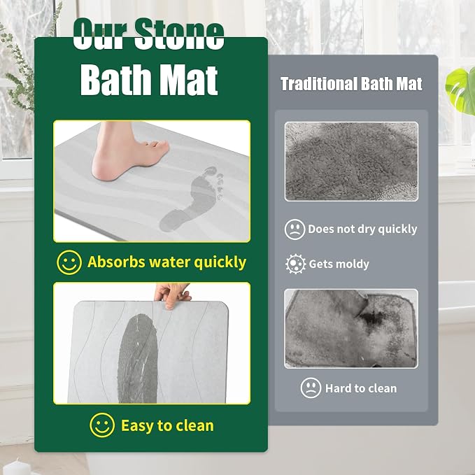 XMarrat Large Stone Bath Mat, 31.5'' x 19.7'' Super Absorbent Diatomaceous Earth Bath Mat Large, Quick Drying Non-Slip Diatomite Stone Bath Mats for Bathroom, Easy to Clean (Light Gray)