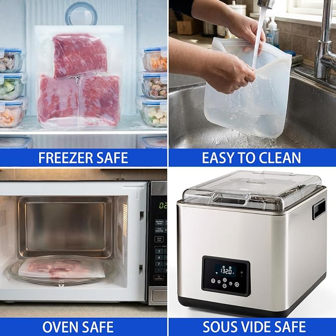 100% Silicone Flat Gallon Freezer Bags, 4 Pack Extra Large Reusable Silicone Ziplock Bags Gallon Size for Freezer, Double Zipper Seal, BPA & Microplastic Free, Freezer Microwave Sous Vide Safe, Clear