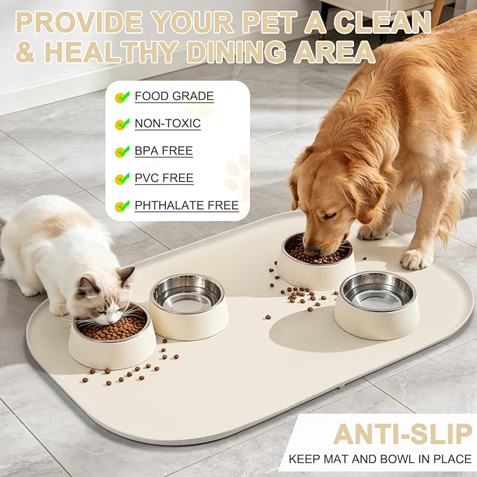 SMILOOL Waterproof Silicone Pet Food Mat with Raised Edge for Dog & Cat | 36" x 24" Non-Slip Large Pet Feeding Mats with Lip for Food & Water Bowl, Food Grade, Easy Cleaning, White Sand