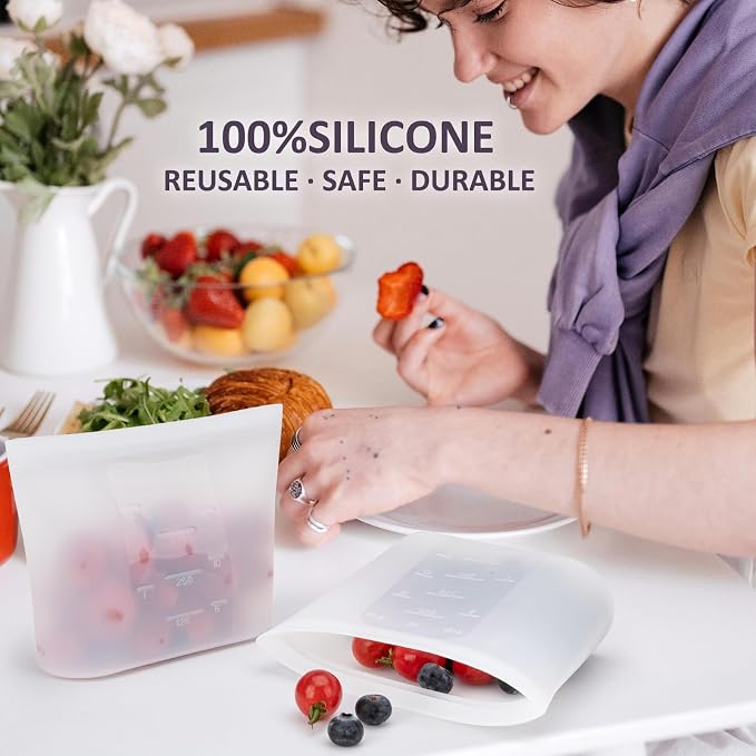 XS Reusable Silicone Food Storage Bags 4 Pack, 16fl oz/500ml, 100% Silicone Stand-Up Wide-Open Zip-Lock Reusable Bags for Small Items, Microwave Freezer Oven Dishwasher Safe, Translucent