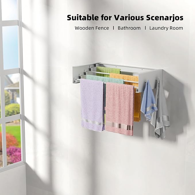 ZMBESUP Upgrade Small Wall Mounted Drying Rack with 4 Hooks, 23.6" Compact Foldable Laundry Rack for Apartment, Space Saving Collapsible Design, Includes Template for Small Bathroom & Balcony (White)