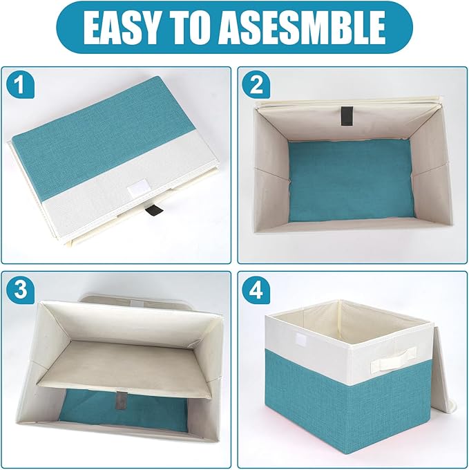 Bagnizer Large 22 Quart Linen Fabric Foldable Storage Bin Cube Organizer Basket with Flip-Top Lid & Handles, Clothes Blanket Box for Home, Office, Closet, Teal & White, 4 Pack 14.6 x 9.5 x 9.5
