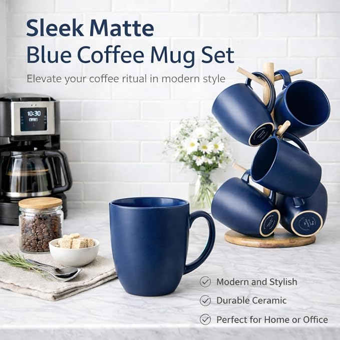 AmorArc 12oz Coffee Mugs Set of 6, Large Ceramic Coffee Mugs for Men, Women, Dad, Mom, Modern Coffee Cups With Handle For Tea,Latte,Cappuccino,Cocoa. Dishwasher&Microwave Safe, Matte Blue