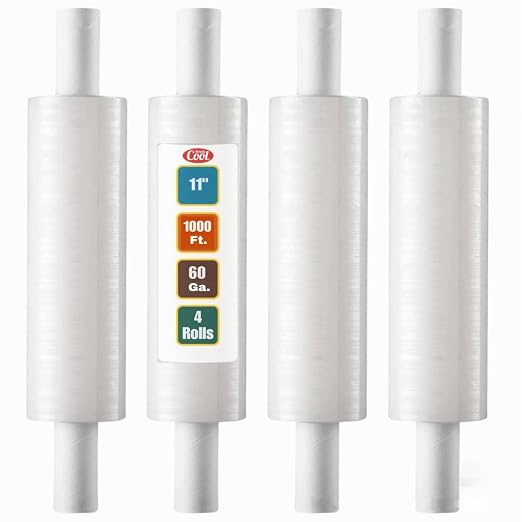 Stretch Wrap with Handle Industrial Strength 4 Pack 11" x 1000 Ft 60 Gauge Thick Shrink Wrap Roll for Moving Supplies, Furniture, Pallets, Plastic Wrap for Packing, Heavy Duty Stretch Film