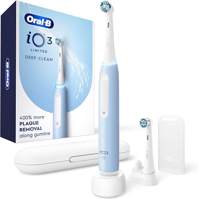 Oral-B Rechargeable Electric Toothbrush, iO3 Limited Deep Clean, 3 Cleaning Modes, Visual Pressure Sensor to Protect Gums, 2 Brush Heads, Travel Case, ICY Blue