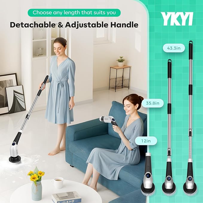 YKYI Electric Spin Scrubber, Cordless Cleaning Brush with 8 Replaceable Brush Heads, Power Scrubber with Adjustable Extension Handle for Bathroom, Tub, Tile, Floor and Kitchen Cleaning (Violet)