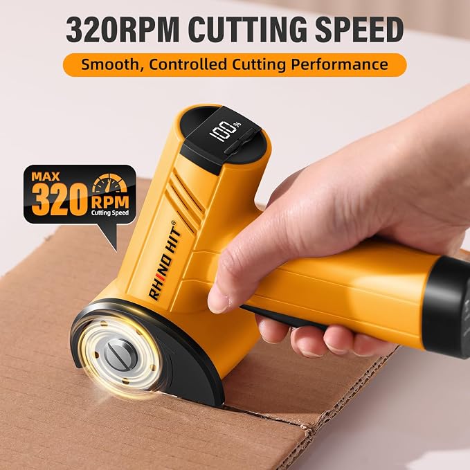 Cordless Electric Scissors, Rechargeable Rotary Cardboard Cutter with LED Light & Safety Lock, 4-Speed Adjustable, 3 Blades for Fabric, Carpet, Leather & Carton, with Storage Case(yellow)
