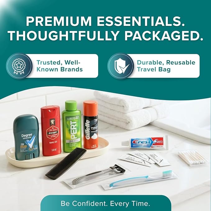 Bulk 50 Case Pack of Men's 15 Piece Set Hygiene Kits, Travel Size Toiletries, Deodorant, Shampoo, Body Wash, Shaving Cream, Razor, Toothbrush, Toothpaste, Comb, Flossers, Swabs