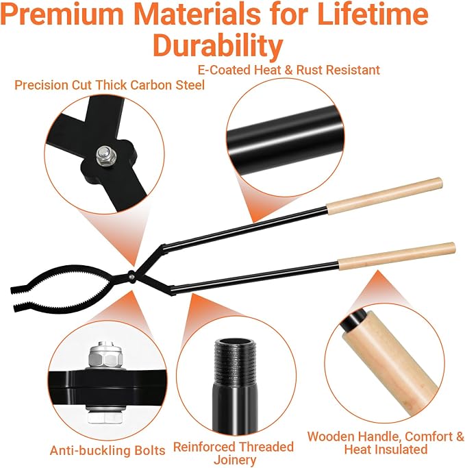 42 Inch Detachable Firewood Tongs with Carry Bag, Heavy Duty Log Grabber | High Strength Carbon Steel, Long Fire Tongs for Fireplace, Fire Pit, Campfire, Wood Burning Stove - Indoor Outdoor Use