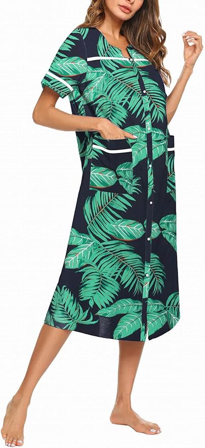 Ekouaer Womens Snap Front Dusters Cotton Housecoat Short Sleeve Nightgown House Dress With Pockets