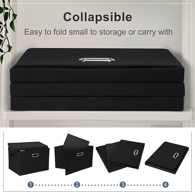 Graciadeco Large 17" 36 Quart Collapsible Stackable Storage Bins with Lids, 1 Pack Black Foldable Fabric Closet Storage Boxes with Lids, 4 Handles Heavy-duty Linen Cube Baskets for Bedroom