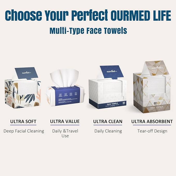 Ourmed Life Disposable Face Towels, 10 x 12 in XL Facial Towels, 50 Count | Clinically Tested, Reduce Redness, Skin Soothing, Sensitive Skin friendly, Biodegradable, Skincare, Women Cleansing,Absorbent