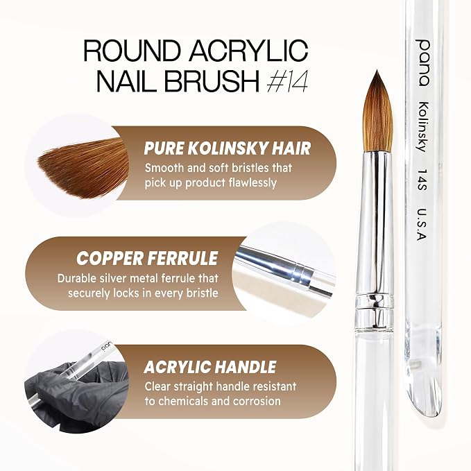 PANA Professional Salon Quality 100% Pure Kolinsky Hair Bristles Acrylic Nail Brush with Clear Acrylic Handle (Size # 14, Clear (Round))