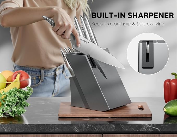ASETY Knife Block Set, 15 PCS Knives Set for Kitchen, Stainless Steel | Ultra Sharp Kitchen Knife, Full Tang One-Piece Knife Set with Built-in Sharpener, Ergonomic Non-Slip Handle, Elegant Box