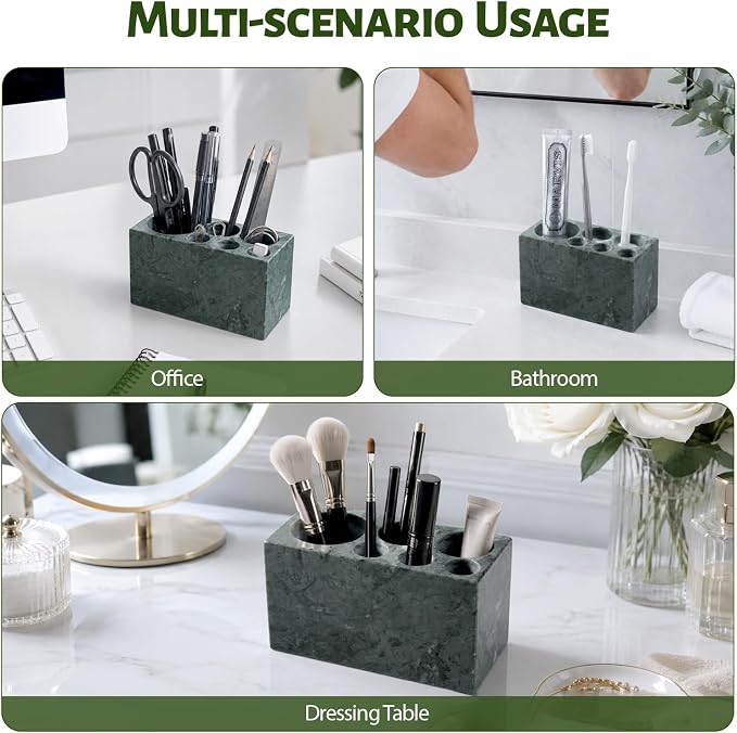 BCS Toothbrush Holder for Bathrooms, 6 Slots Open-Bottom Marble Toothbrush Organizer, Makeup Brush Stand Toothbrush Storage Collection for Bathroom Countertop Vanity Organization - Indian Green