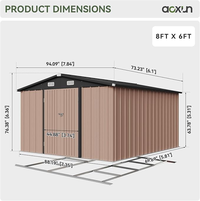 Aoxun 8'x6' Outdoor Storage Shed with Base, Brown | Metal Shed with Lockable Doors & Slooping Roof Garden Tool Shed for Backyard, Patio, Poolside