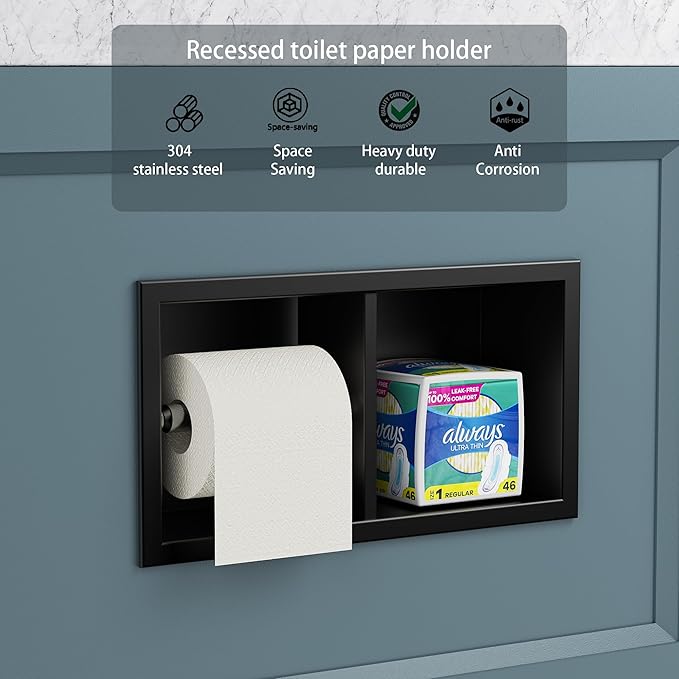 Neodrain Dual Roll Recessed Toilet Paper Holder - 304 Stainless Steel Hidden in-Wall Design Simple Loading and Unloading Space-Saving for Modern Bathrooms (Black)