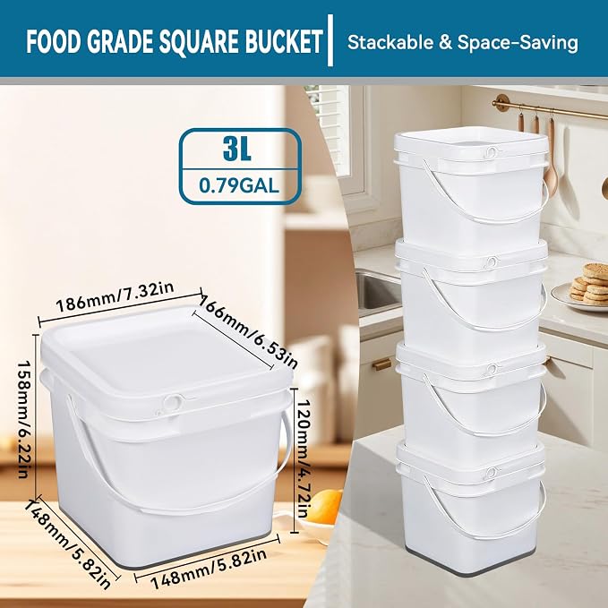 Bucket with Lid - 4 Packs Square Plastic Storage Containers, Food Safe with Handle, Airtight Pressure Lids for Kitchen & Home (White, 0.8 gal)