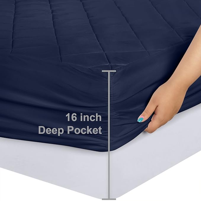 Quilted Fitted Mattress Pad, King Mattress Protector Topper with Deep Pocket Stretches up to 16 Inches, Machine Washable Mattress Cover by Utopia Bedding (Navy)