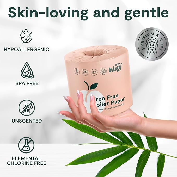 ecoHiny Premium & Soft Bamboo Toilet Paper | PFAS Free | 48 Mega Rolls, 3 ply & 350 Sheets | Non Toxic, FSC Certified, Septic Safe, BPA Free | Tree Free Toilet Tissue | Plastic Free Packaging