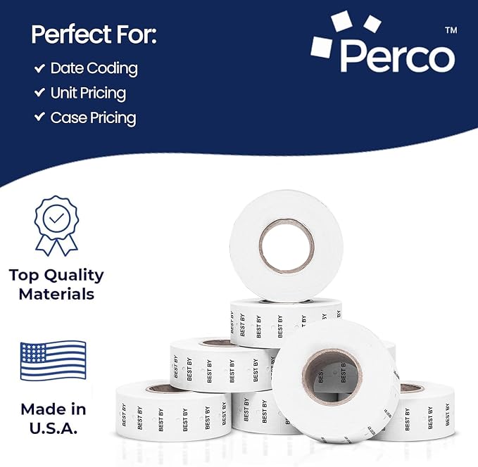 Perco 1 Line BEST BY Labels - 32,000 "BEST BY" Labels for Perco Lite, X, Plus and Pro 1 Line Date Guns - 32 rolls, 4 Sleeves - Made in USA