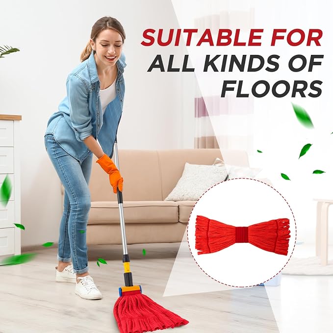Hushee 6 Pack Large Microfiber Tube Mop Heads 18 oz Heavy Duty Commercial Industrial Wet Mop Head Refill Reusable Machine Washable Looped End Mopheads for Hardwood, Tile, Laminate Floors (Red)